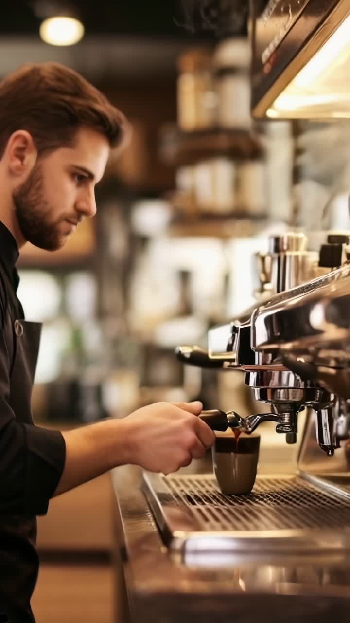 Professional barista preparing coffee using coffee maker and drip kettle.