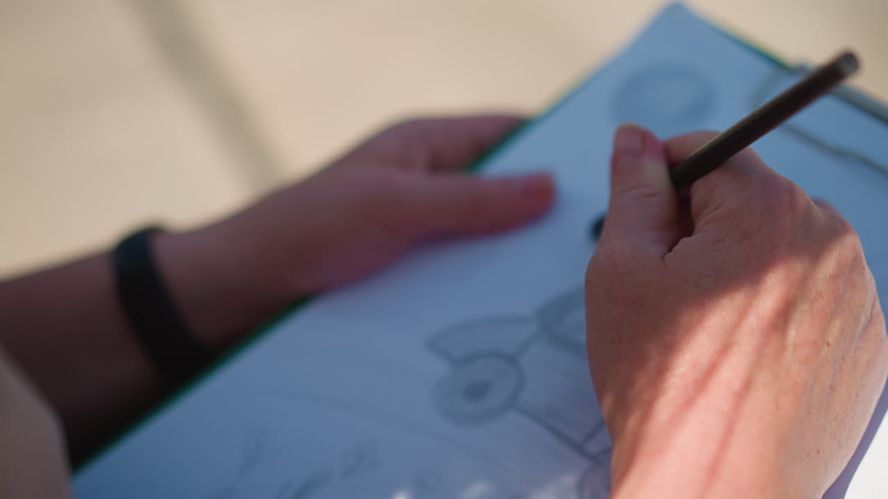 Close up of artist drawing car with balloons on paper using pencil outdoors, sunlight casting soft shadows across sketchpad, capturing creative process, focus, and expression of imagination