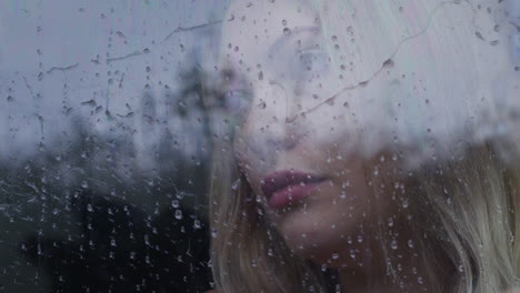 depressed young blonde woman with mental health problems looking out of a window crying in the rain