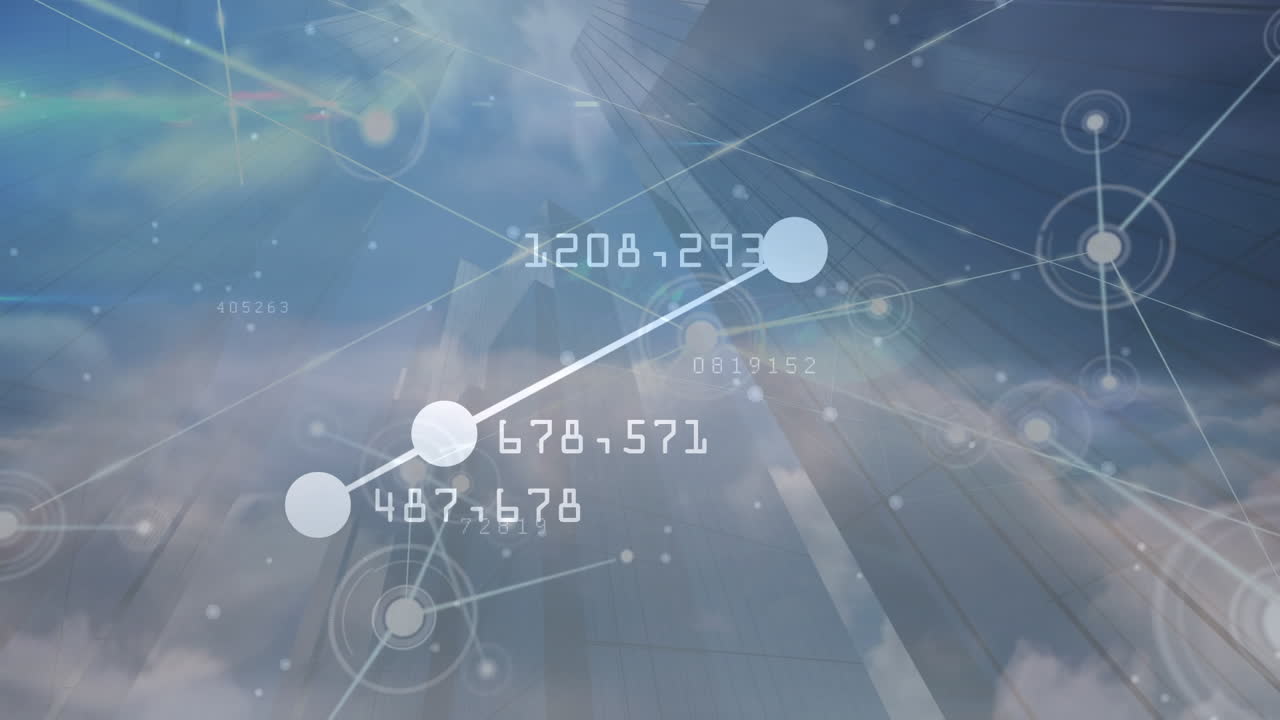 Animation of network of connections and diverse data over sky with clouds