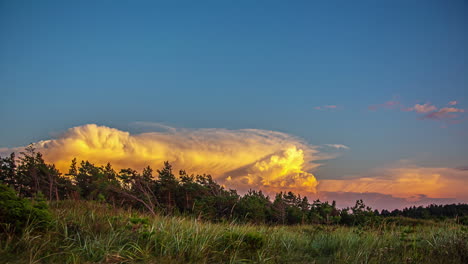 clouds lit by golden sunshine billowing in the blue sky over nature scenery on a sunny afternoon