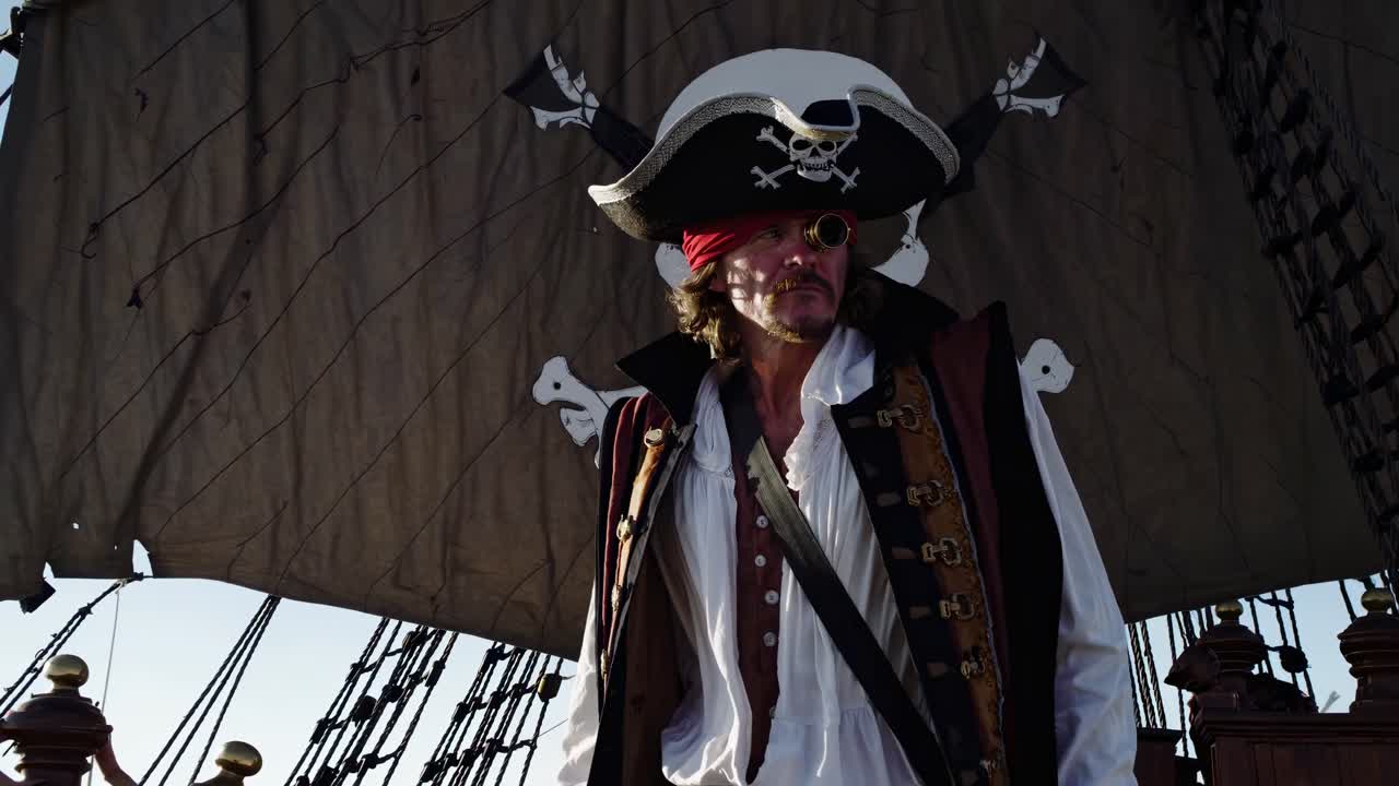 Un barco pirata navega bajo un cielo despejado, capturado desde un ángulo bajo