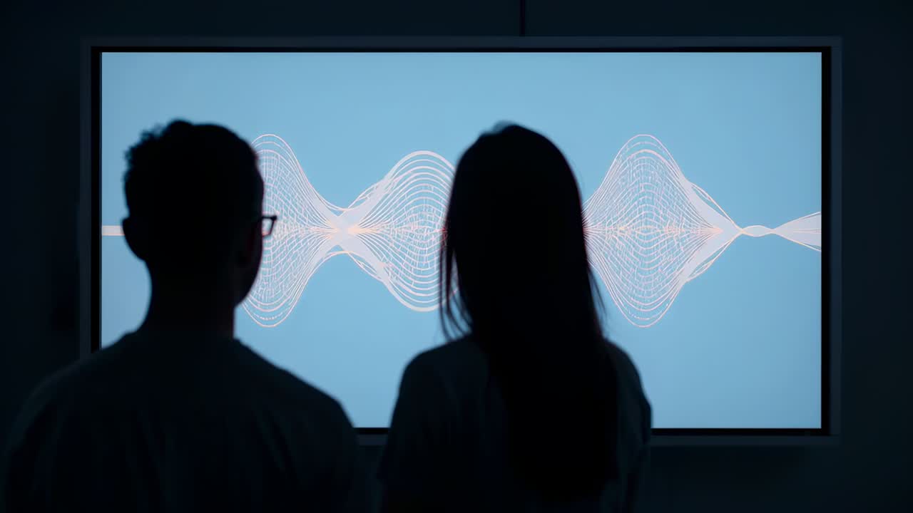 Watching waveform on lit wall display, two silhouetted adults standing, wearing glasses