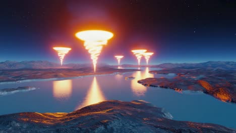 surreal landscape with nuclear explosions