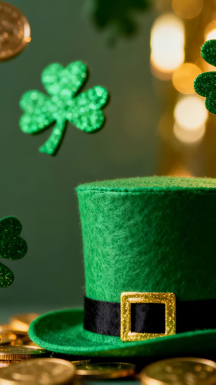 Vertical video: Dropping gold coins from above, passing shamrocks, decorating felt hat on tabletop