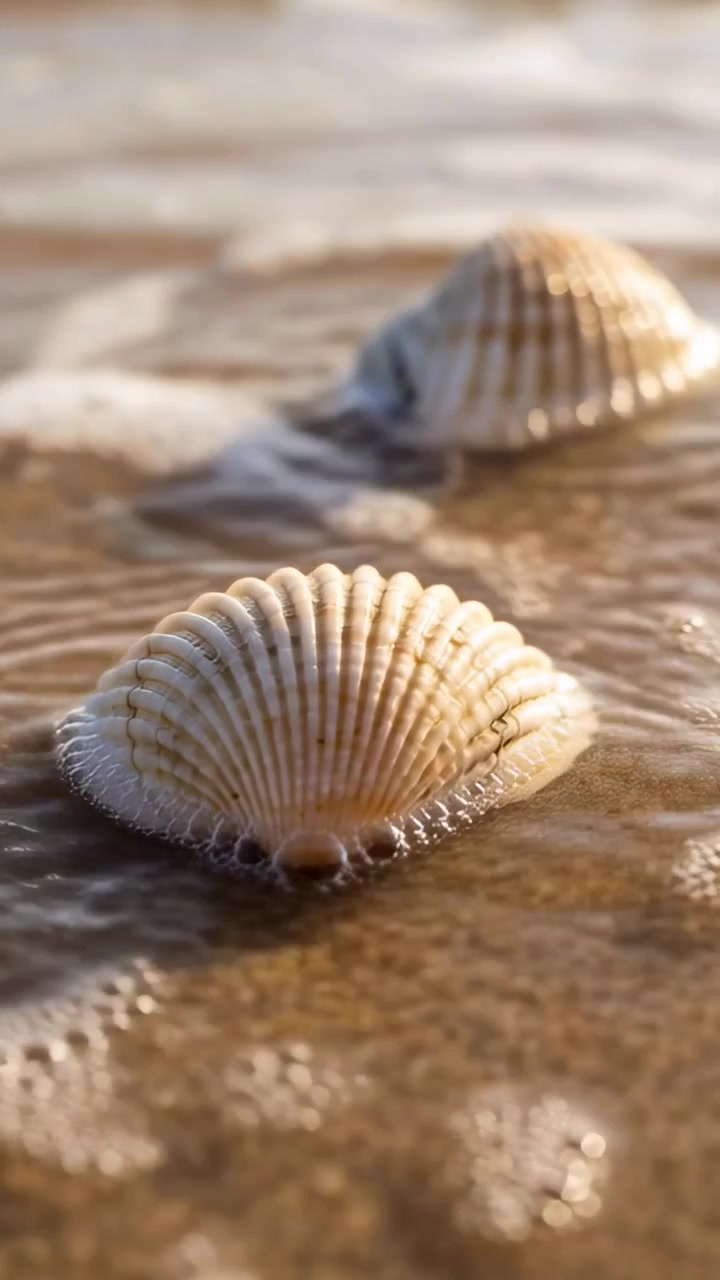 Vertical video: Washing two scallop shells at beach shoreline, wave flowing over, revealing ridges