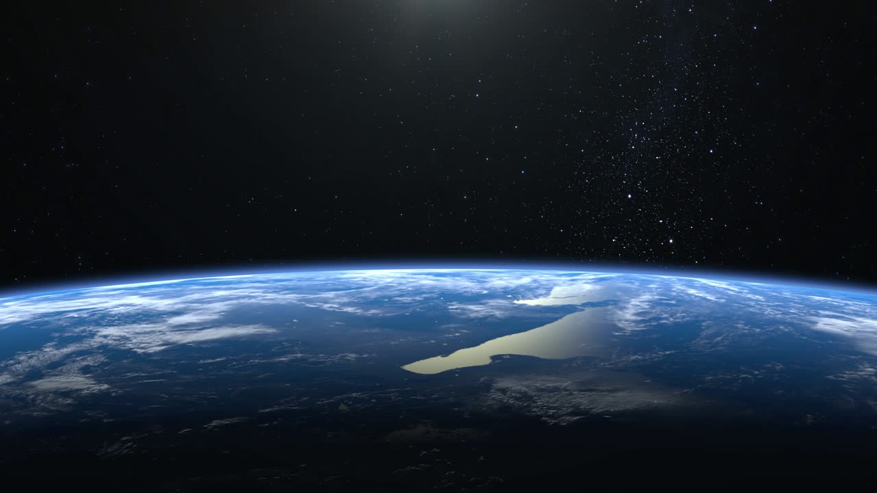 우주에서 보는 지구. 별들이 반이는. 카메라가 지구를 오른쪽으로 날아다니는. 4k. 현실적인 대기. 3d 볼 구름. 프레임에 태양이 없습니다.