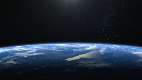 tierra. vista desde el espacio. las estrellas brillan. la cámara vuela sobre la tierra hacia la derecha. 4k. atmósfera realista. nubes volumétricas 3d. no hay sol en el marco.