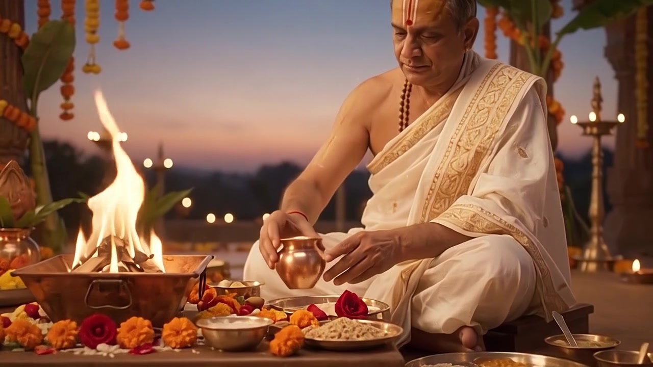 Hindu Priest Performing Traditional Yajna Ritual at Sunset