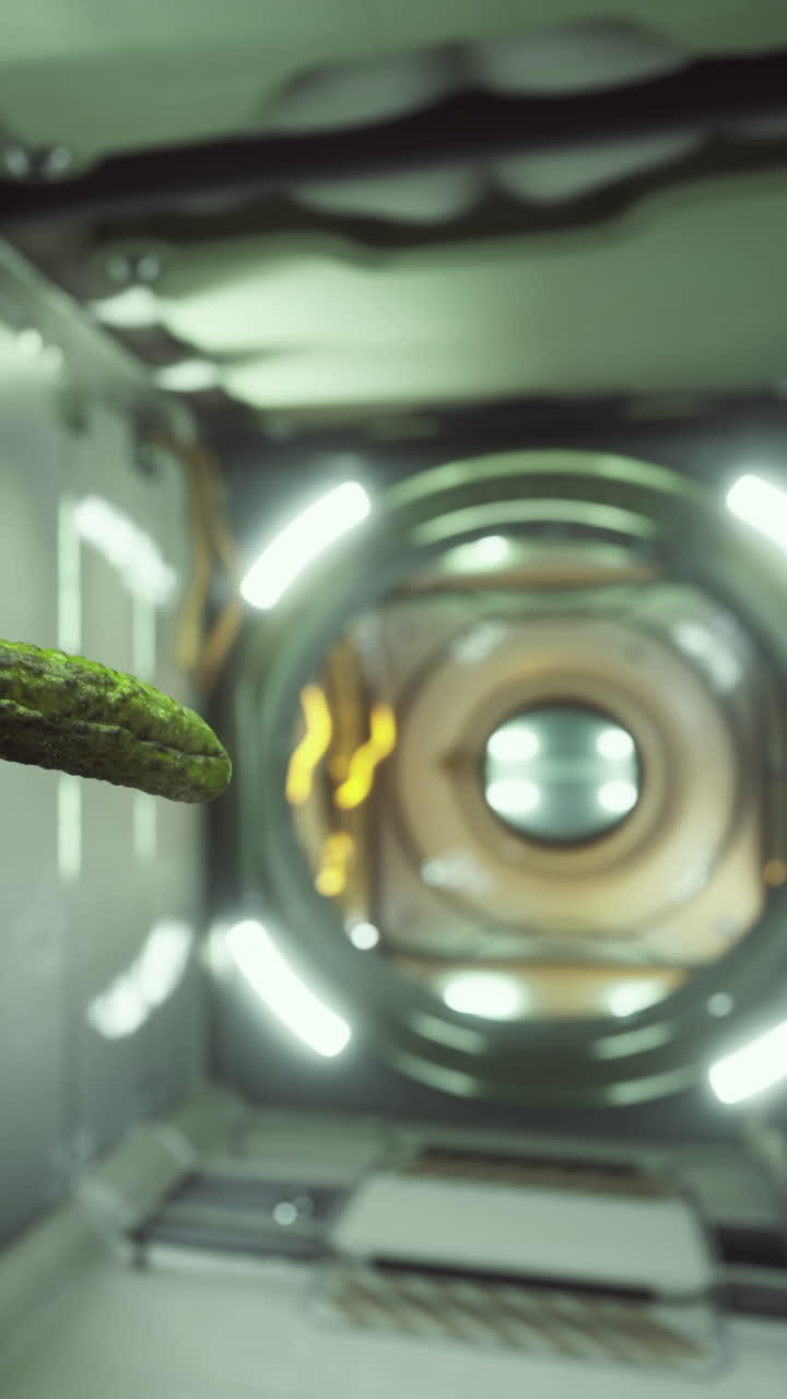 Floating pickle in a metallic space environment with bright lights