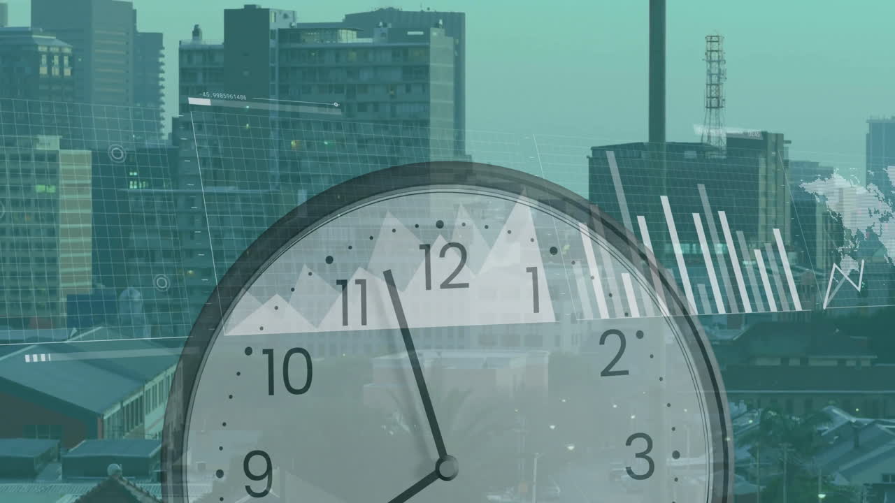 animación del procesamiento de datos financieros sobre el reloj y la ciudad