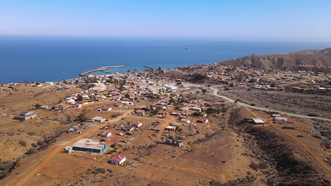 Aerial wide view of Cedros Island village and coastline under sunny sky, peaceful scene