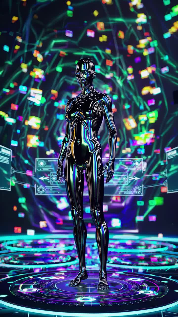 Futuristic humanoid robot in a digital realm, viewed from a low angle