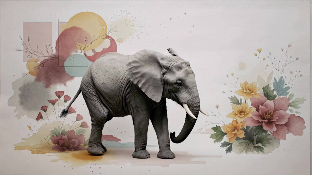 Sekvens som starter med en gående elefant som snuser på blomster og tråkker til høyre på en lys bakgrunn, med en fugl