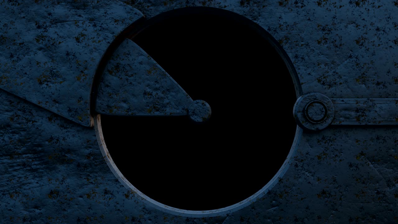 animación en 3d de la apertura de la escotilla oxidada de hierro con el canal alfa.