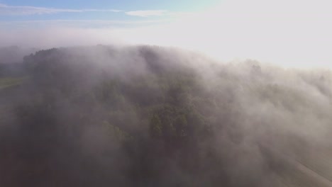 Gravel-Road-And-Forest-Surrounded-By-Morning-Fog-Illuminated-Sunrise-Light-1