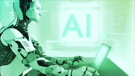 high quality 3d cgi profile shot of an artificial intelligence humaniod robot at a laptop computer in a virtual ai environment with data and equations floating around him - cool green color scheme