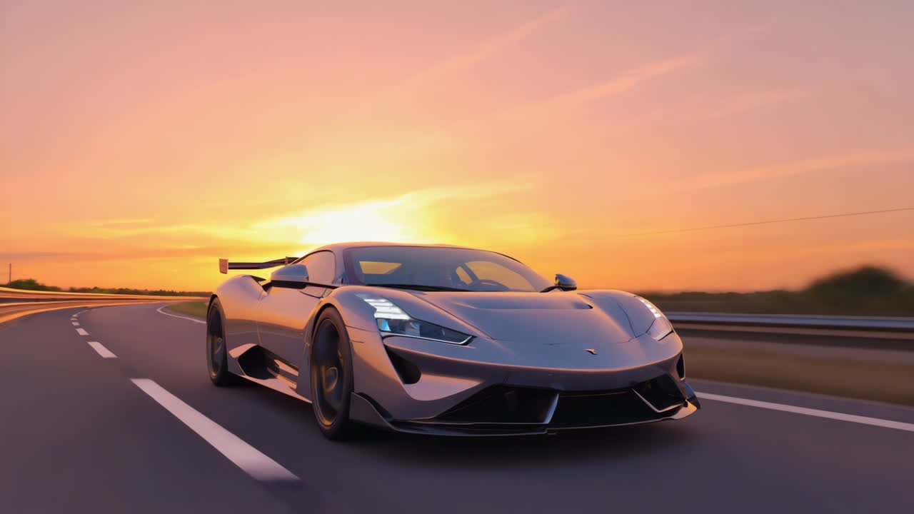 Sleek Supercar Driving on Road at Sunset