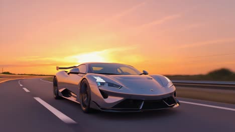 sleek supercar driving on road at sunset