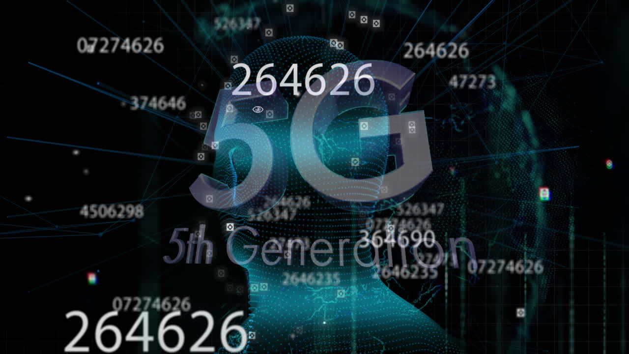 검은 바탕에 회전하는 인간 머리 모델 위에 5g 텍스트와 여러 번 변화하는 숫자