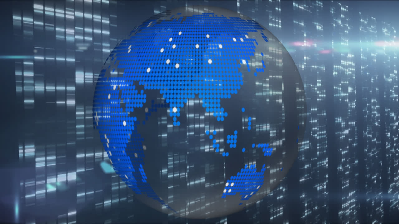 Animation of globe spinning over glowing computer servers on blue background