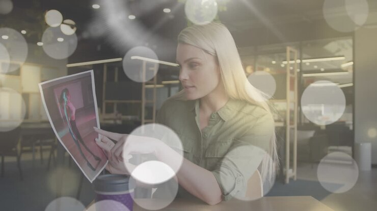 Animation of light spots over caucasian businesswoman having video call and showing photos