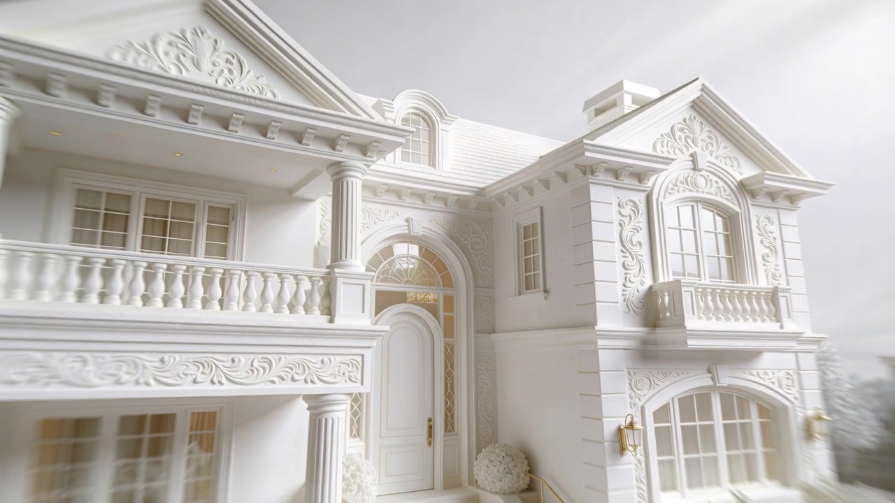 Telecamera che si muove in avanti e si sposta a destra, mostrando la facciata della casa con un'elegante porta ad arco e colonne.