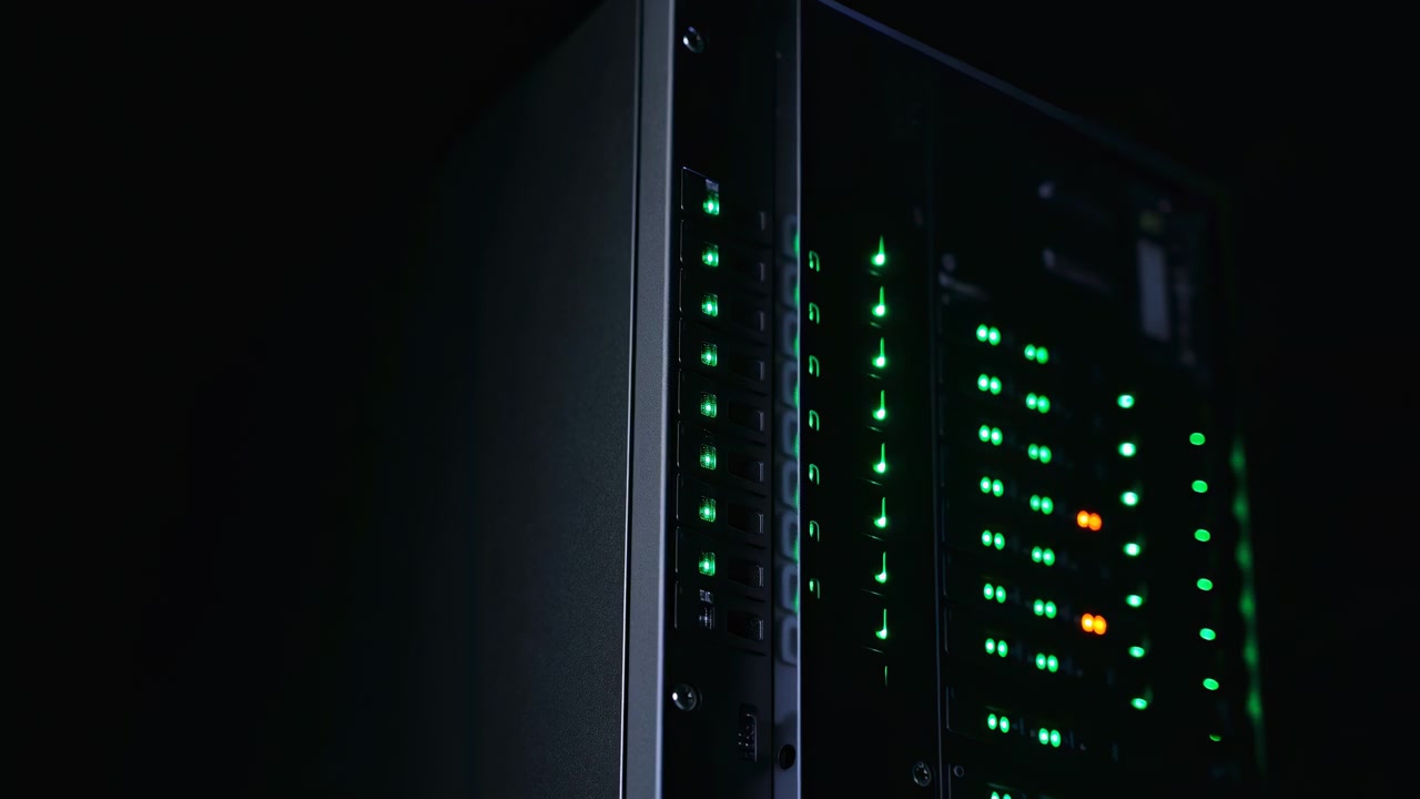 Close-up of a server rack in a dim data center, with glowing green indicator lights and reflective metal panels creating a low-key technical atmosphere
