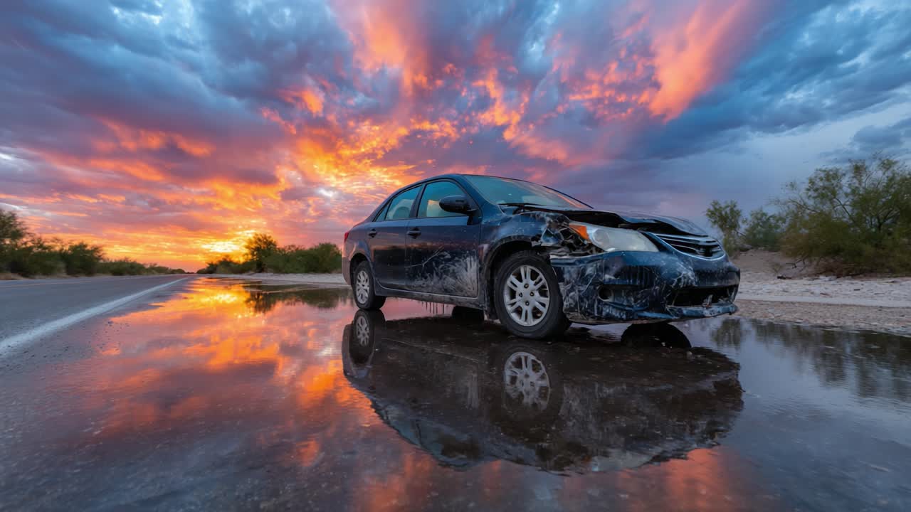 Stunning Sunset Reflections: A Damaged Car Beside a Desert Road Captured in Breathtaking Colors and Dramatic Clouds