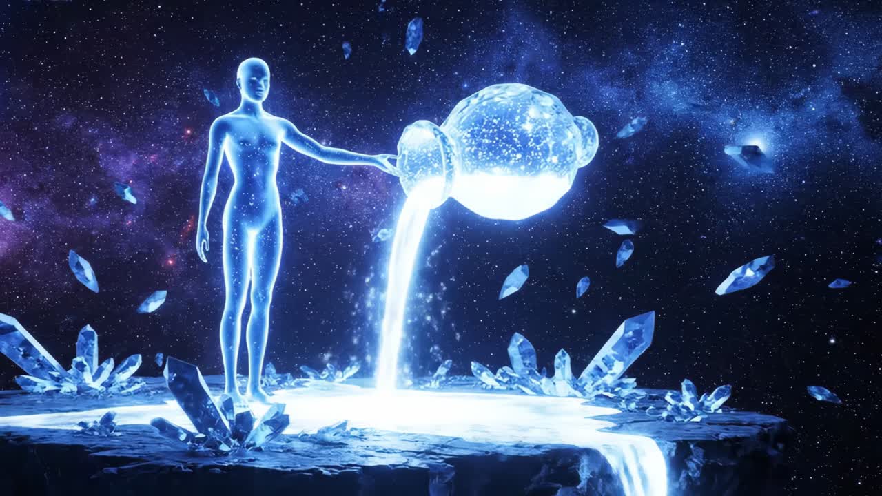Ethereal figure pouring luminous liquid from a crystal vessel, surrounded by sparkling crystals in a cosmic setting, creating a mesmerizing flow of light and energy