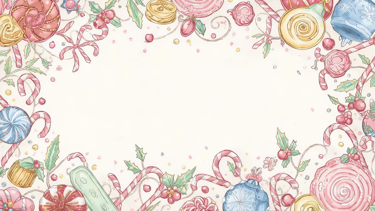 Frames playing, drawn candy holly border framing cream panel on card for greeting with candy canes
