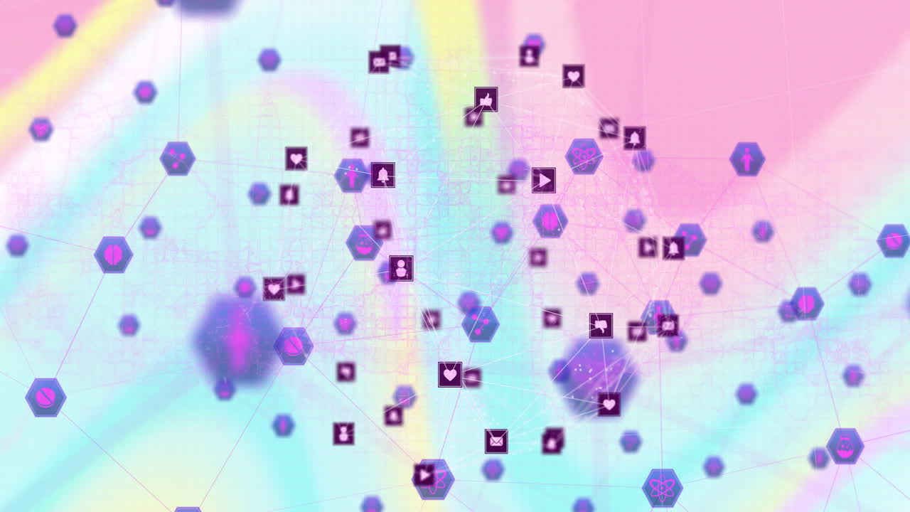 Digital animation of interconnected icons and hexagons on pastel gradient background