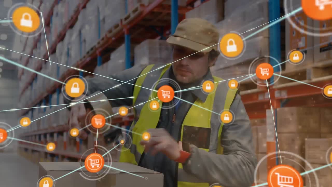 animación de la red de conexiones sobre el hombre caucásico que trabaja en el almacén