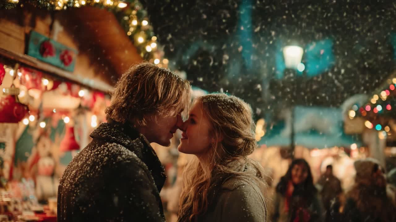 A Romantic Snowy Evening: A Couple Embraces Amidst a Festive Market Full of Holiday Cheer and Sparkling Lights, Creating an Enchanting Winter Scene