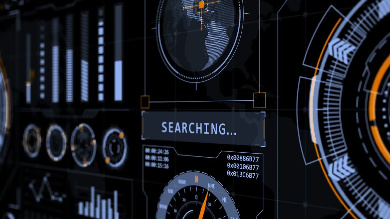 Motion graphic of head up display ( HUD UI ) technology interface screen with futuristic 3D elements graph and chat panel