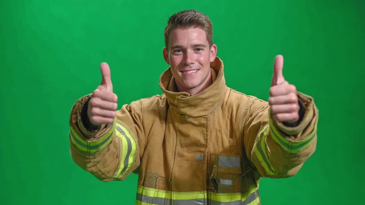 An Excited Firefighter Celebrating Successfully Completes Training with Thumbs Up Gesture Against a Vibrant Green Background