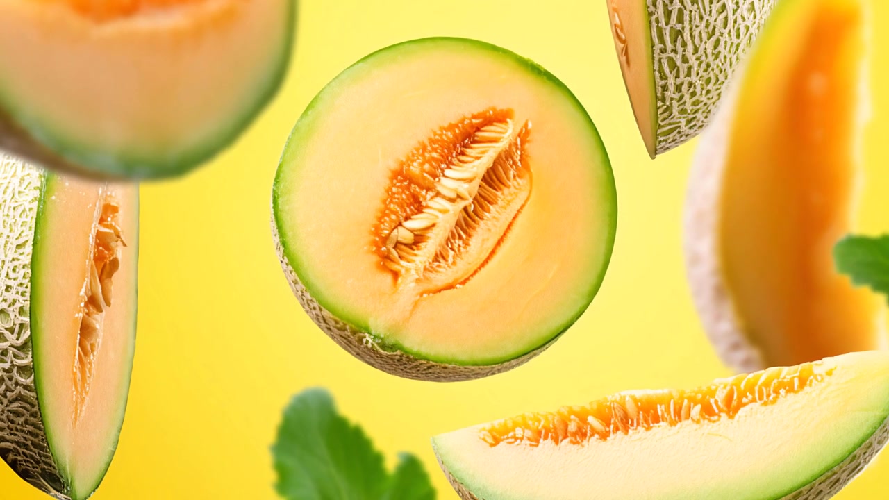 Fresh cantaloupe slices and half melon floating on yellow background