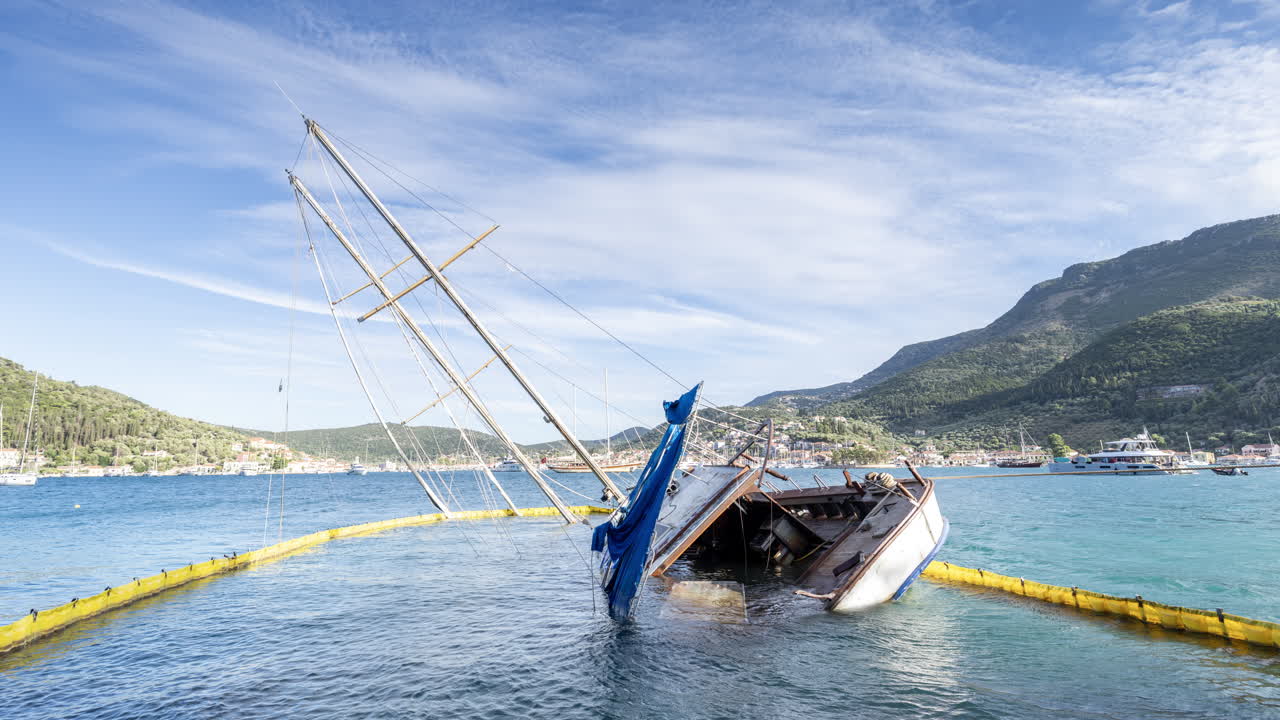 sunken yacht on the rocky coast in ithaca, greece