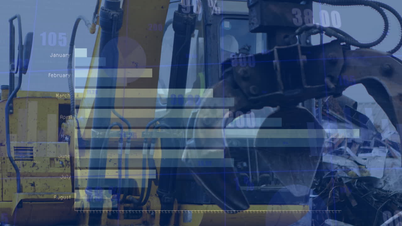 animación del procesamiento de datos financieros y estadísticas sobre maquinaria en tierras baldías