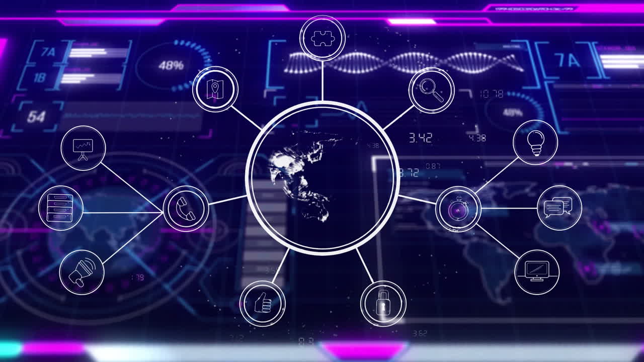 Animation of dna, globe with network of icons and digital data processing over blue background
