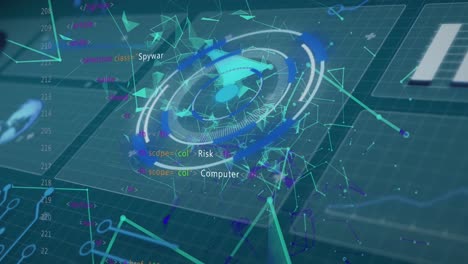 Animation-Digitaler-Kreise,-Mit-Linien-Verbundener-Punkte-Und-Programmiercodes-Auf-Schnittstellenbildschirmen