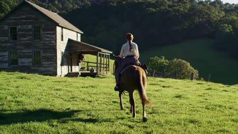 a rider on horseback relishes the serenity of rural life surrounded by lush green fields and an idyllic wooden cabin under a clear blue sky