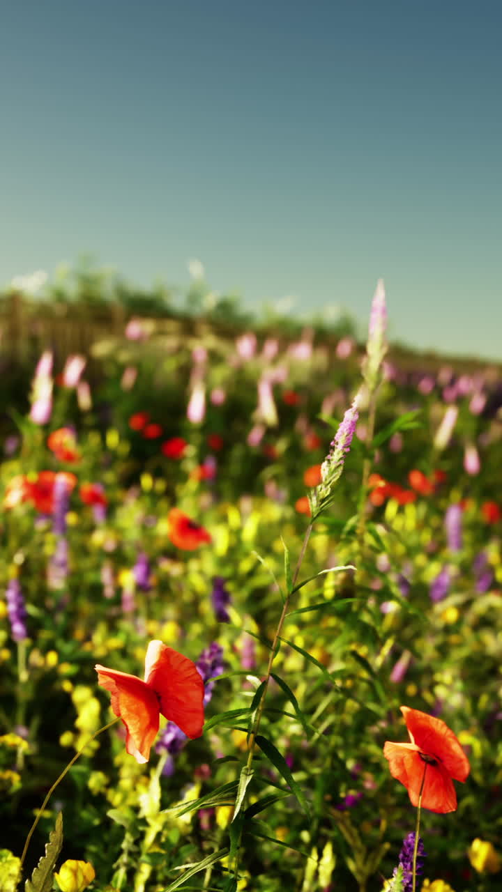 papoulas vermelhas florescendo em um campo de flores silvestres