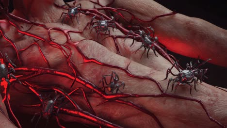 Metallic Spiders Crawling on Glowing Red Veins
