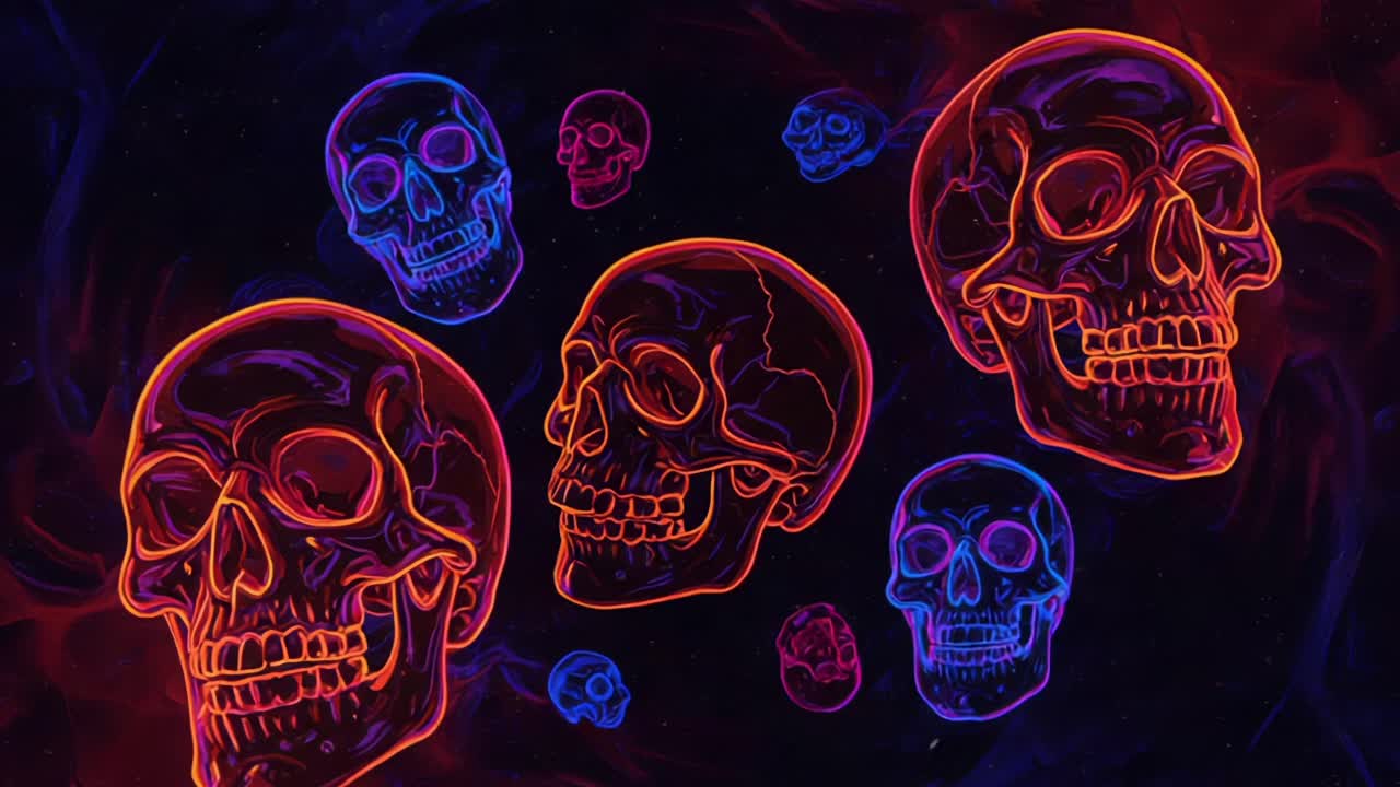 A Mesmerizing Display of Vibrant Skulls in a Dark Cosmic Setting, Showcasing Intricate Neon Designs and a Hauntingly Beautiful Aesthetic