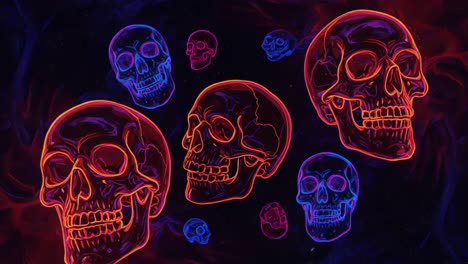 a mesmerizing display of vibrant skulls in a dark cosmic setting, showcasing intricate neon designs and a hauntingly beautiful aesthetic