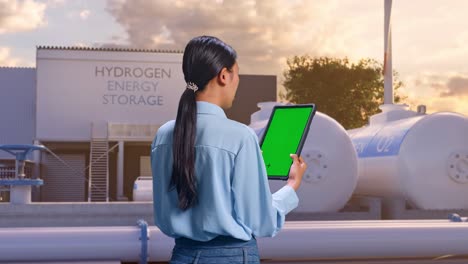 vista trasera de una trabajadora profesional asiática de pie en una fábrica de hidrógeno verde, instalación industrial de alta tecnología, comprobando en la tableta con pantalla verde y mirando la fábrica una vez