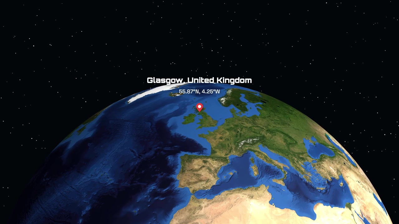 Digital globus roterer og zoomer fra verdensrommet til en spesifikk markør i Glasgow, Storbritannia.