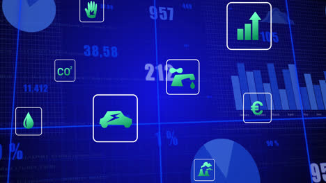 animación de múltiples iconos digitales en el procesamiento de datos estadísticos contra un fondo azul
