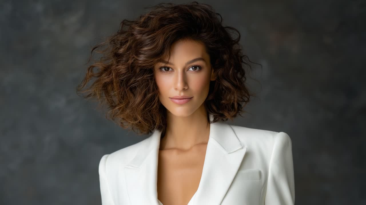 Captivating Portrait of a Confident Woman in a Stylish White Blazer, Exuding Elegance and Charisma Against a Softly Textured Background